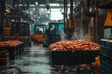Workers prepare fresh shrimp at a coastal factory while rain pours down. Machinery moves around, creating splashes in the wet environment with vibrant produce everywhere Generative AI