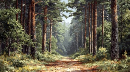 Fototapeta premium Serene Forest Path: A Tranquil Woodland Scene