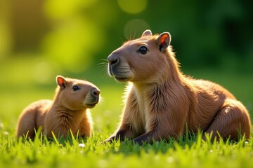 Fototapeta premium Close-up of capybara family relaxing in the sun, wildlife scene, animals, family, relaxation