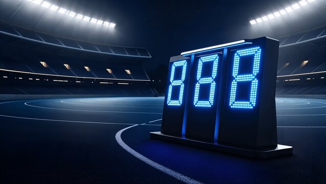 Digital Timer Displaying 888 in Deserted Stadium