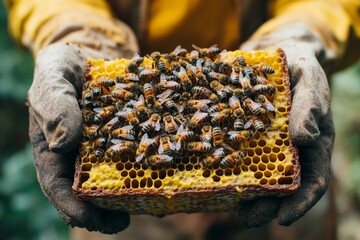 Hands of a beekeeper carefully support a vibrant honeycomb teeming with active bees, showcasing the beauty of nature and the art of beekeeping Generative AI