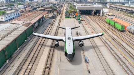 White and Green Airplane on Railway Tracks Aerial View