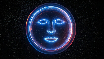 A round, glowing holographic AI face with basic expressions, floating in dark space, digital
