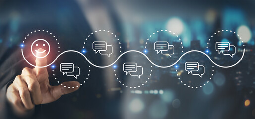 Posiitive satisfaction, customer satisfaction concept. Touching screen on a smiling face icon among speech bubble icons, positive customer feedback, satisfaction in communication or service evaluation