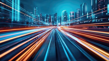 Fototapeta premium Motion blur city in digital cyberspace with future skyline concept. Dynamic cityscape with vibrant lights and blurred motion.