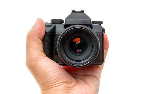 photographer holding digital camera in hand isolated on white background PNG. GENERATIVE AI
