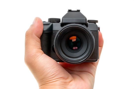 photographer holding digital camera in hand isolated on white background PNG. GENERATIVE AI