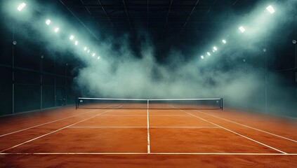 Empty indoor tennis court with dramatic lighting and fog