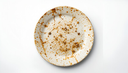 Used dirty plate with food residue isolated on transparent background&mdash;ideal for dishwashing ads, hygiene awareness, and restaurant cleanup concepts.