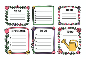Colorful floral notes, to do, and important list with tulips, water can, and garden theme design