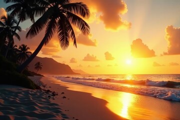 Golden hour beach, palm silhouettes, faded film effect, oceanfront, beach scene