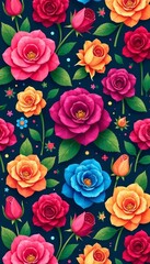 Fototapeta premium Vibrant vector illustration of colorful roses in a repeating design, backdrop, texture, garden