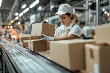 A worker is carefully packaging products by hand, placing them into boxes on a conveyor belt in a busy warehouse during peak working hours Generative AI