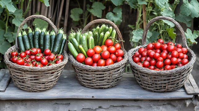 Baskets of berries tomatoes and cucumbers attractively arranged at a local market
