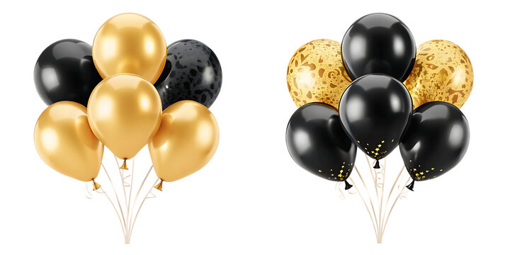 set of golden and black festival bloons in groups isolated on white background PNG. GENERATIVE AI