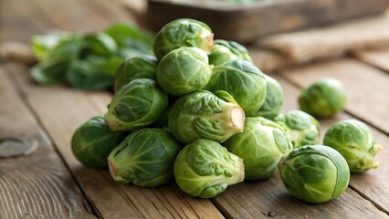 Pile of Organic Brussels Sprouts on a Wooden Surface