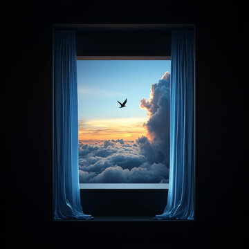 A Bird's Flight Above the Clouds Through a Window