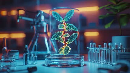 DNA plants in genetic and synthetic innovation concept. Microscopic view of a DNA molecule in a laboratory setting.