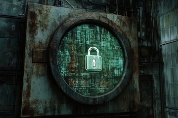 A digital display highlights a padlock symbol on a textured backdrop, showcasing a blend of technology and industrial decay. The moment captures security concepts Generative AI