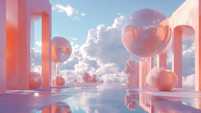 Pastel Pink Architectural Fantasy Landscape