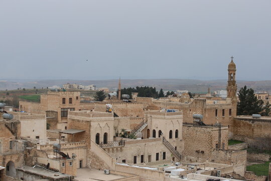 aerial view of ancient midyat town, famous for its stone houses