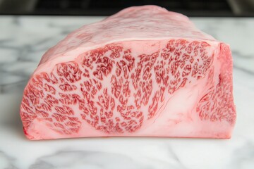 Close-up Photograph of Wagyu Beef Cut on Marble Surface - High Marbling, Raw Meat, Culinary Delicacy, Pink and White Tones, Food Photography