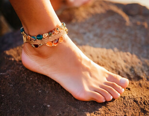 Delicate gold anklet adorned with vibrant Murano glass flower beads, artistically presented on sun-warmed Mediterranean stone - a colorful accessory capturing the artistic heritage of Venetian glasswo