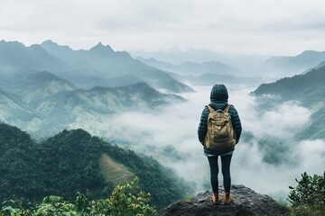 A hiker stands on a mountaintop, gazing at a valley shrouded in mist