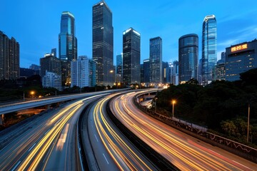 Car light trail: long exposure, city highway, vibrant streak, motion blur, glowing path, urban night, speeding vehicle, luminous effect, traffic flow, dynamic scenery.