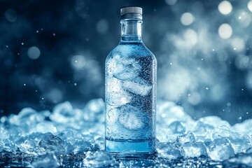 Condensation glistens on a sleek vodka bottle, resting amidst ice cubes in a cool, atmospheric environment, evoking a refreshing vibe Generative AI