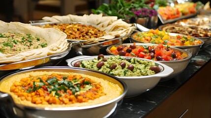 Obraz premium Colorful spread of Mediterranean dishes with olives hummus pita and fresh vegetables