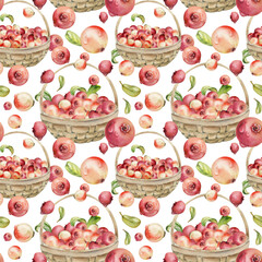 Cranberry lingonberry in weaved basket with leaves, heap of ripe picked forest berry harvest hand drawn in watercolor. Isolated seamless pattern. Home preserves, cafe menu, recipe book, farmers market