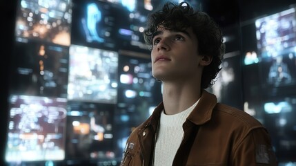 Fototapeta premium Curly-haired teen looking up surrounded by digital screens
