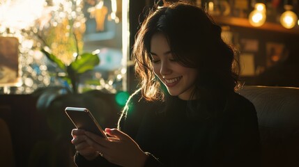 Smiling woman using smartphone in cafe with backlight