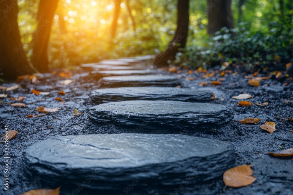 Aufkleber a serene stone pathway meanders through a green forest at sunset, with leaves scattered around, invi