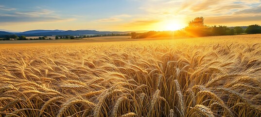 Golden wheat field  A scenic wide-angle view of a vast golden wheat field swaying in the breeze, captured at sunset