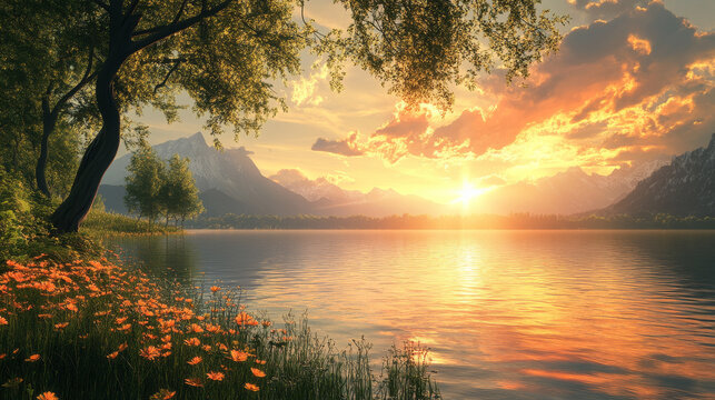 Serene Lakeside Sunset Serenity