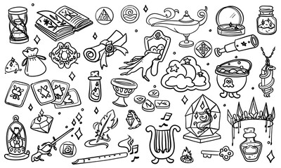 set of contoured black magic items from witchcraft, magic, doodle-style magic tools. Monochrome. Suitable for fantasy projects, books, games, and artwork related to magic, alchemy, mystical rituals.