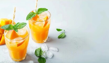 Fototapeta premium Mango and peach smoothie or cocktail with ice cubes in glasses, mint leaves on a light background,
