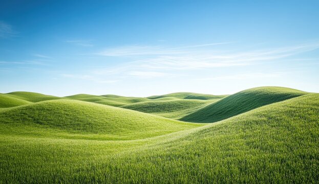 Lush rolling hills of vibrant green grass under a clear blue sky