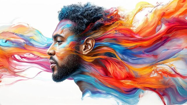 Abstract Flowing Color Animation Emerging From Portrait of a Man in Motion Art Style