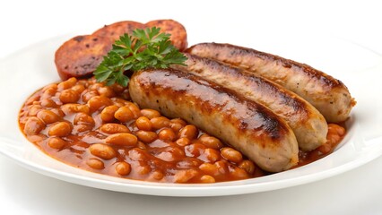 Baked Beans and Sausages on a White Background
