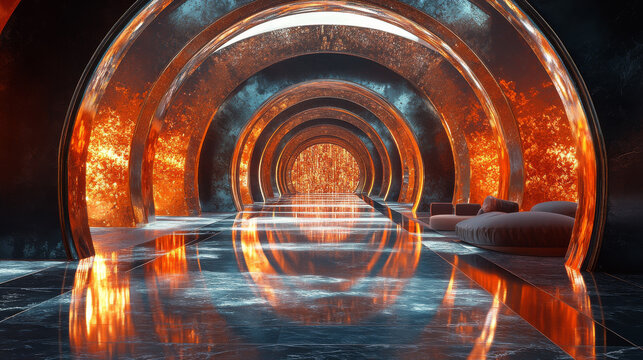 Abstract Futuristic Metal Tunnel with Fiery Core