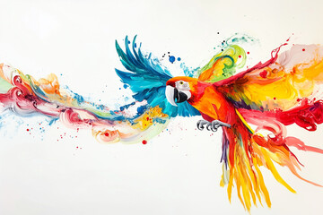 Obraz premium Colorful parrot flying with vibrant splashes of paint in blue, green, yellow, and red, showcasing artistic expression and the beauty of wildlife