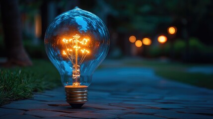 Bulb on path, glowing filament, creating soft ambiance at dusk with greenery