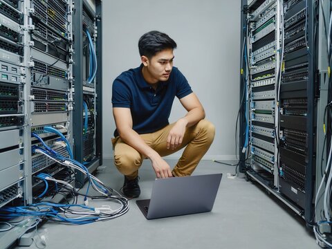 IT-Techniker im Rechenzentrum bei der Serverwartung

