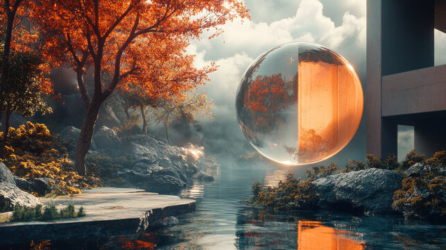 Futuristic Autumnal Landscape with a Mystical Orb