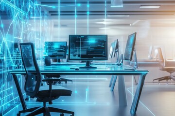 Modern office workspace with advanced technology and digital interfaces in action