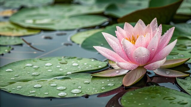 "A close-up view of a delicate pink lotus flower, its soft petals unfurling among the rich green lily pads, with the water droplets glistening on the surface."