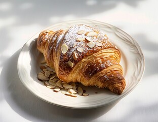 Photograph of an almond croissant on a white plate, isolated with shadows and soft lighting,